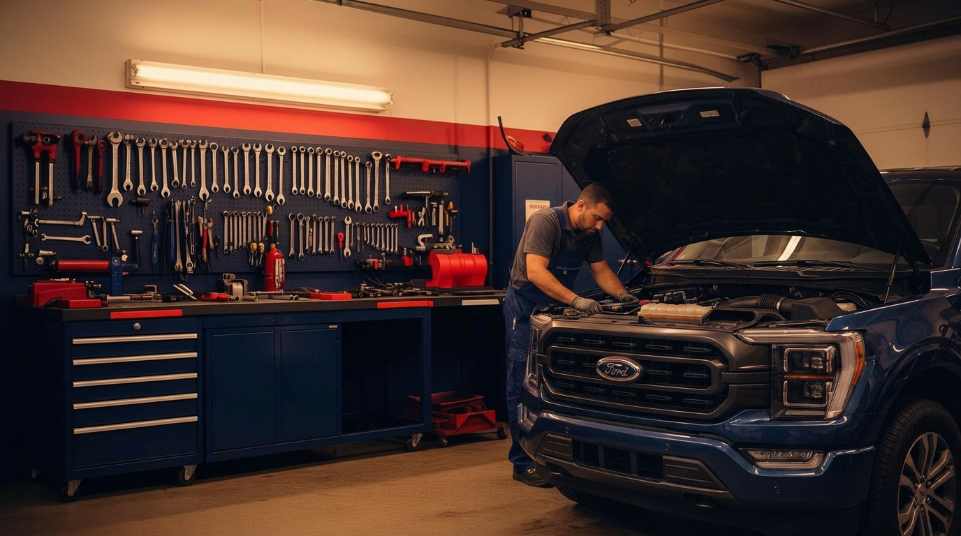 Technician working on a truck inside the Blue Collar Garage service bay